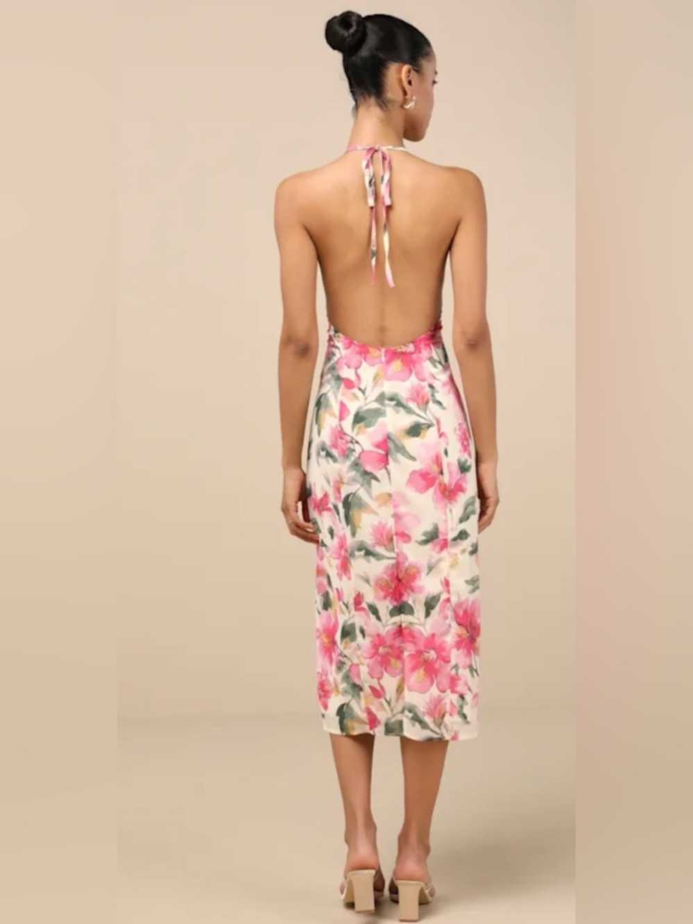 Lulus Floral Midi Dress Halter Open Back Pink Cream Spring Summer NWT - Picture 3 of 9